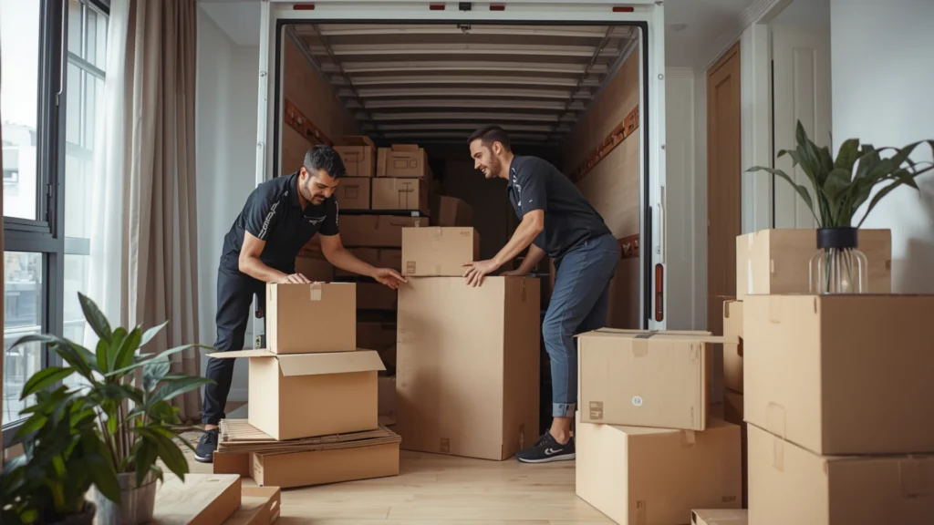 Packing and Moving Services professional movers carefully packing household boxes during relocation