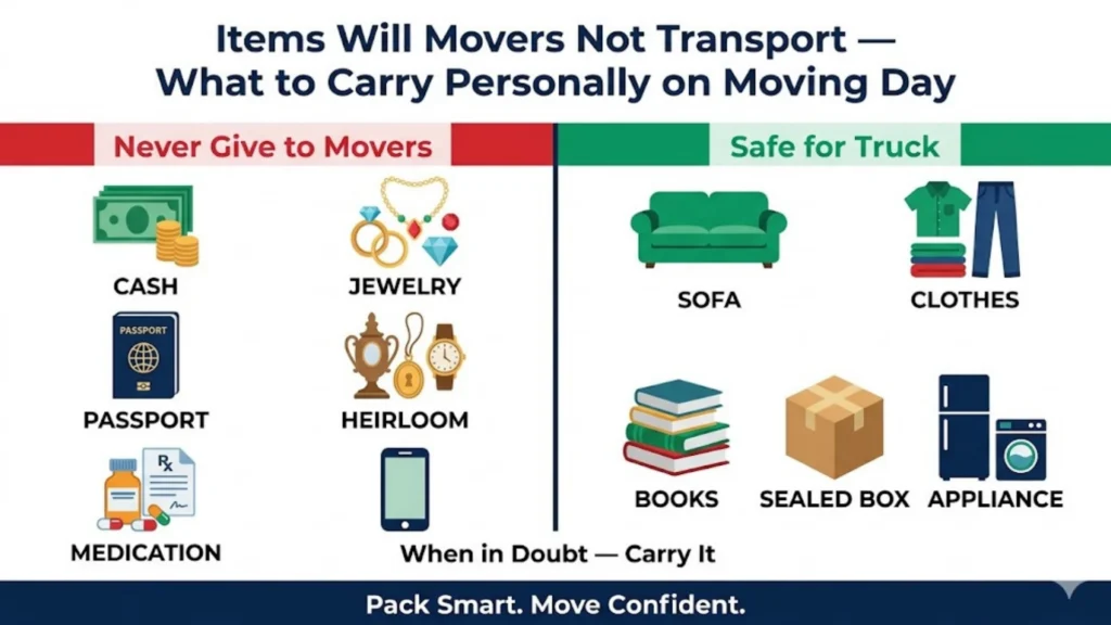 Items Will Movers Not Transport — organized checklist of banned household goods laid out before a Canadian move