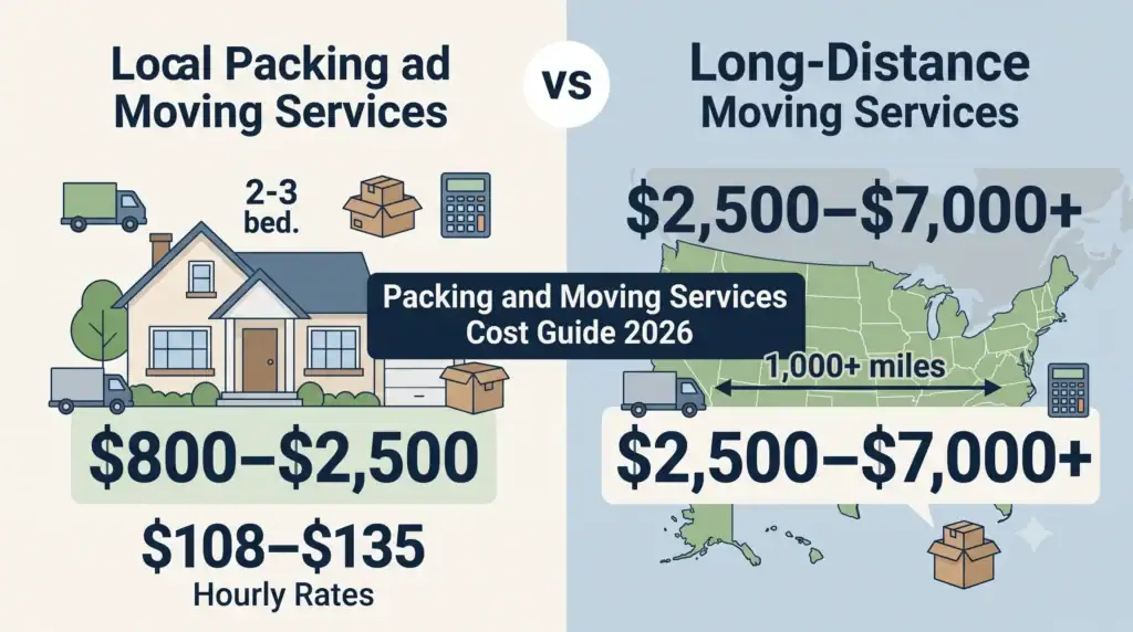 Packing and Moving Services Cost comparison chart for different home sizes and distances