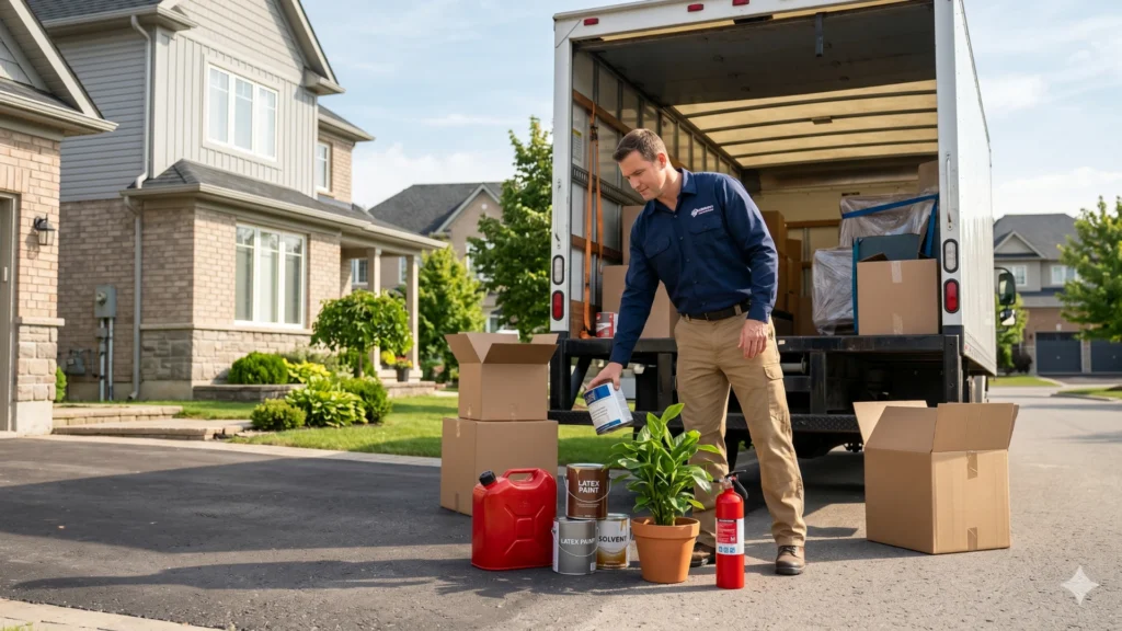 Items Will Movers Not Transport — mover refusing hazardous chemicals and prohibited boxes at a residential doorstep