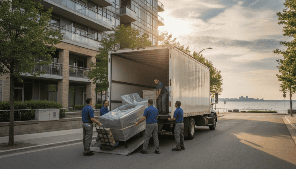 Movers in Etobicoke — Professional Moving Crew Outside Luxury Condo