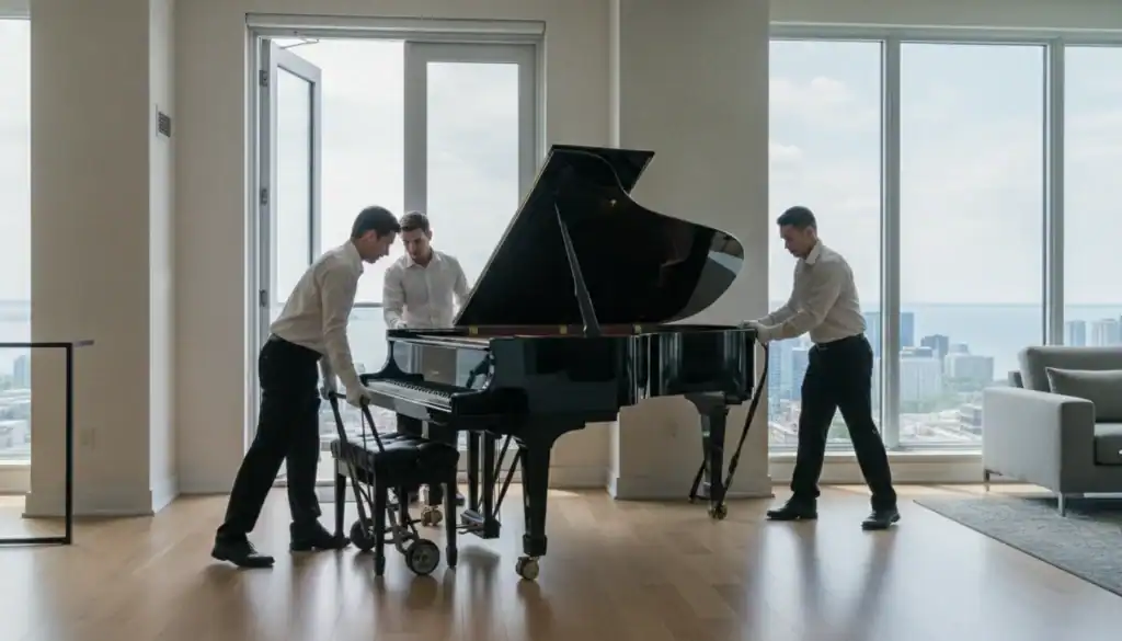 Piano movers Toronto — professional movers handling a grand piano in a Toronto condo