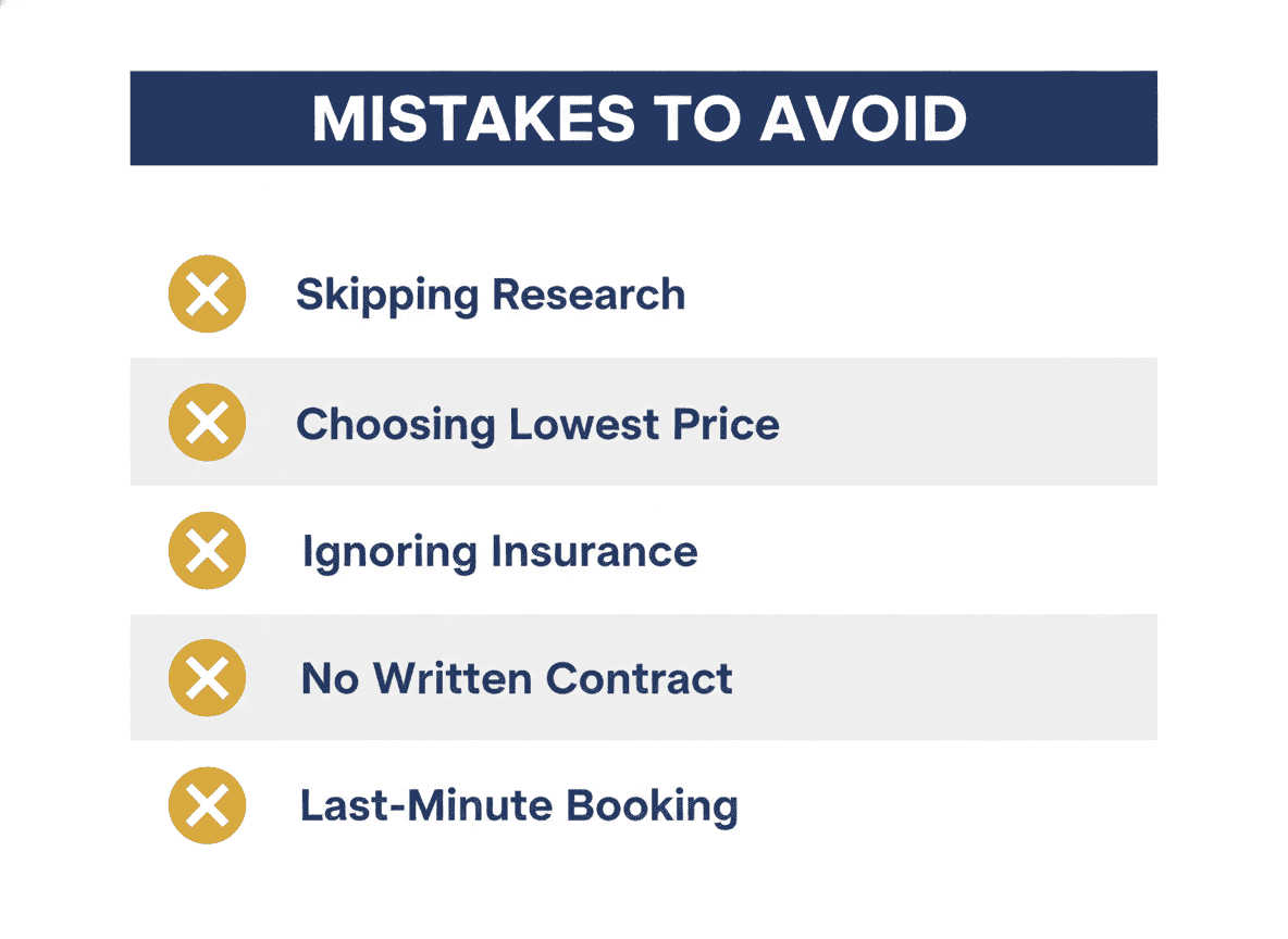 Top 5 mistakes to avoid when hiring a moving company: skipping research, choosing lowest price, ignoring insurance, no written contract, last-minute booking