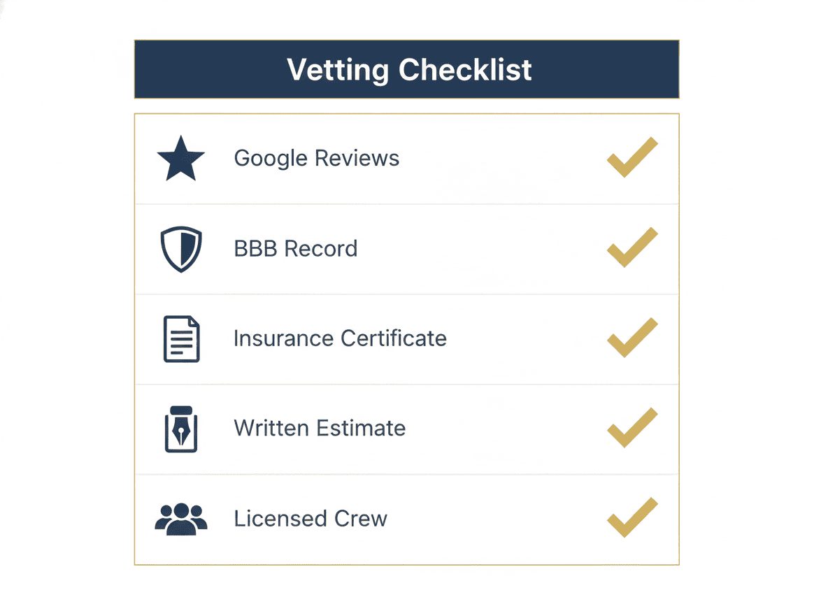 Moving company vetting checklist: Google Reviews, BBB Record, Insurance Certificate, Written Estimate, Licensed Crew