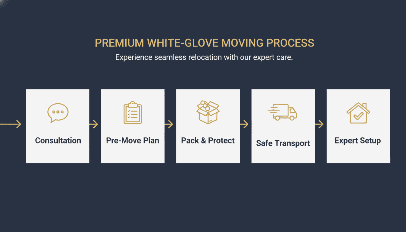 The five-step Moving GPT luxury moving process: Consultation, Pre-Move Plan, Pack and Protect, Safe Transport, Expert Setup