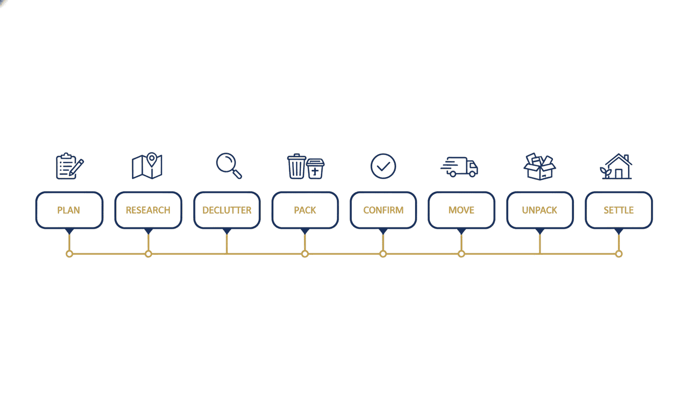 Moving checklist timeline showing 8 stages: Plan, Research, Declutter, Pack, Confirm, Move, Unpack, Settle