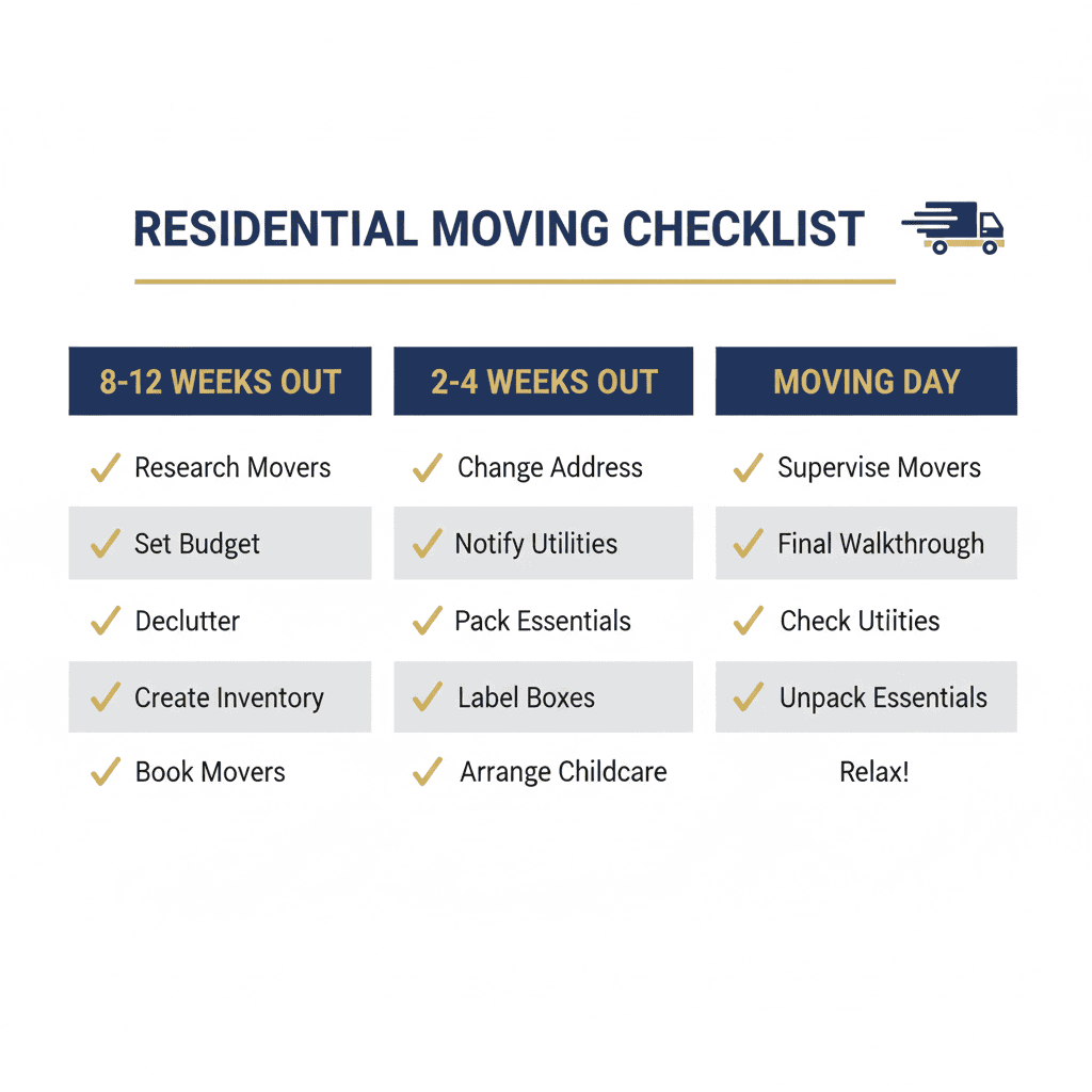 Residential Moving Checklist: 8-12 weeks out, 2-4 weeks out, and moving day tasks
