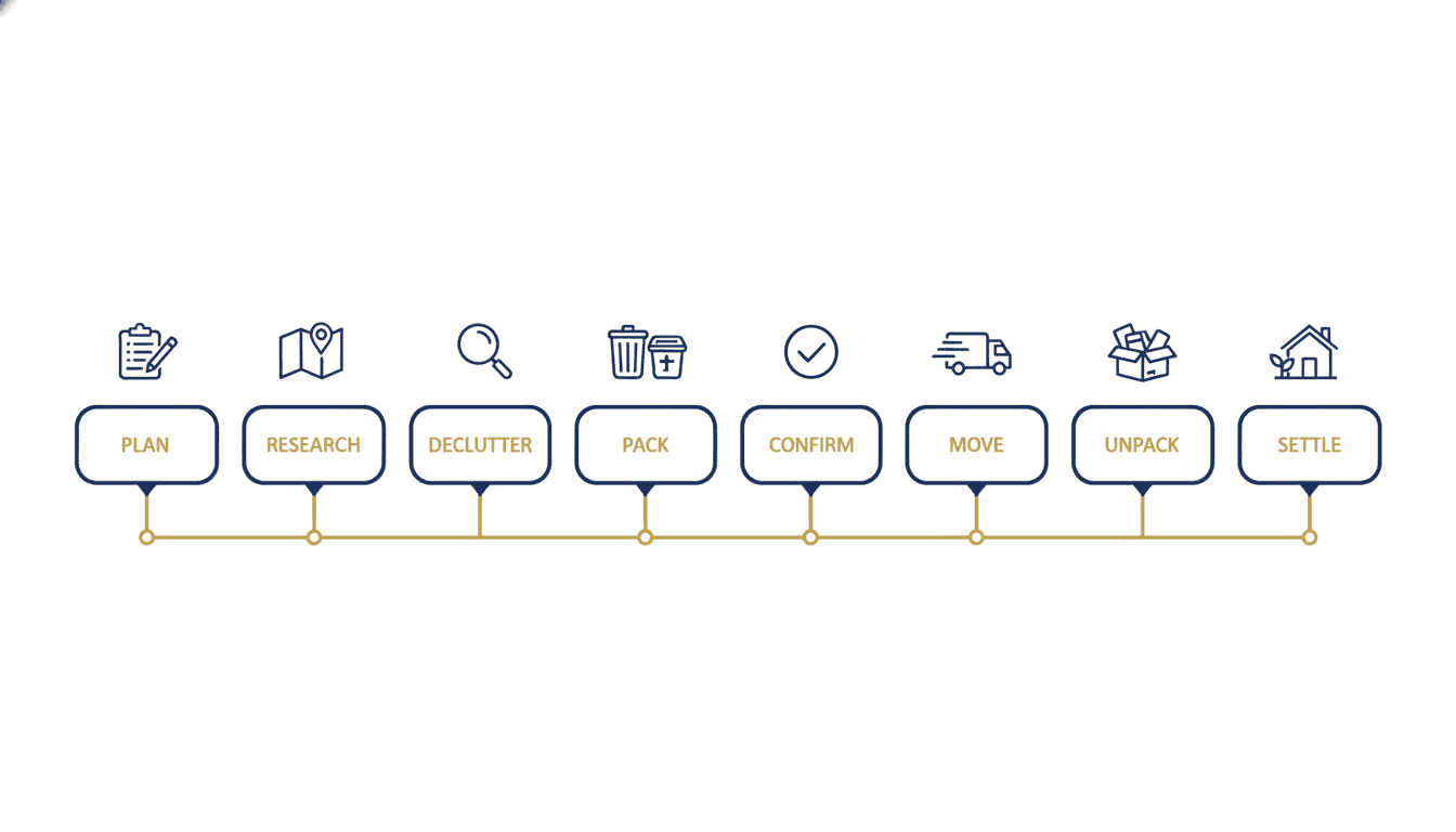 Toronto moving checklist timeline showing 8 phases: Plan, Research, Declutter, Pack, Confirm, Move, Unpack, Settle